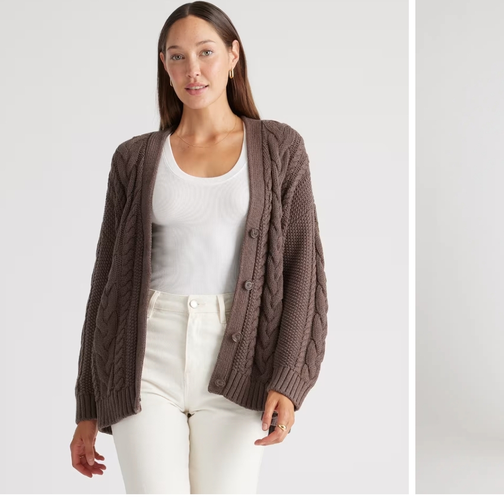 Quince Brown Cable Knit Cardigan 100% Organic Cotton Chocolate Brown